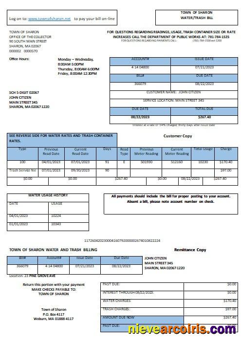 USA Sharon Town of Sharon water trash utility bill